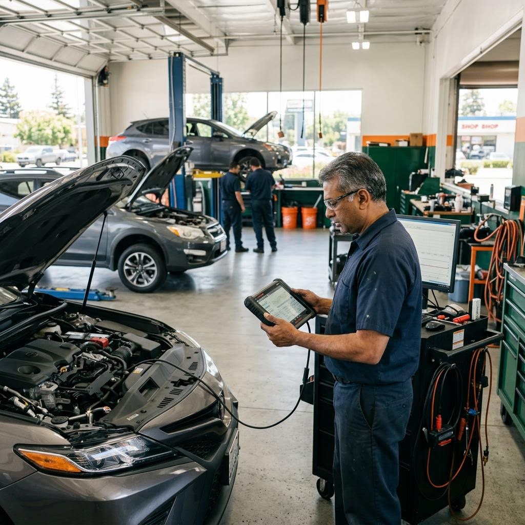 Mechanic using diagnostic equipment on a vehicle in a clean Milpitas CA auto repair shop