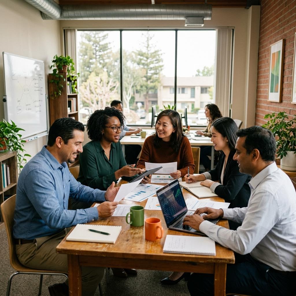 Professionals collaborating in a modern Milpitas CA business services office