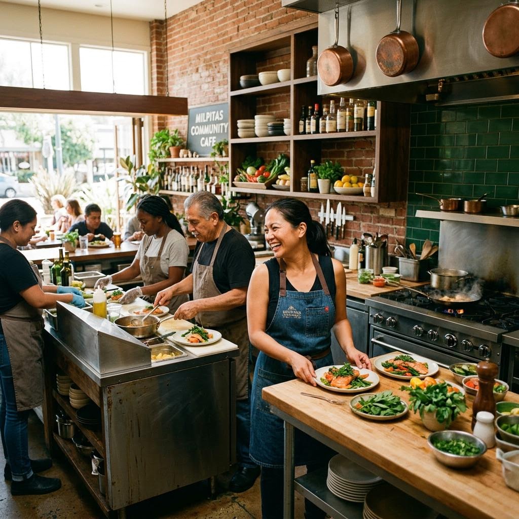 Chefs preparing food in a busy, well-equipped commercial kitchen in Milpitas CA