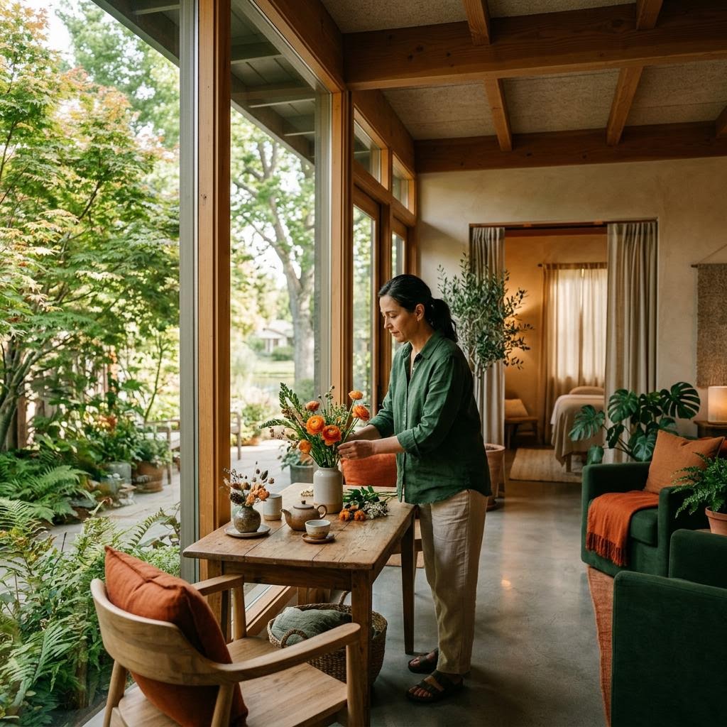Business owner arranging floral displays inside a bright studio near Hidden Lake, CA