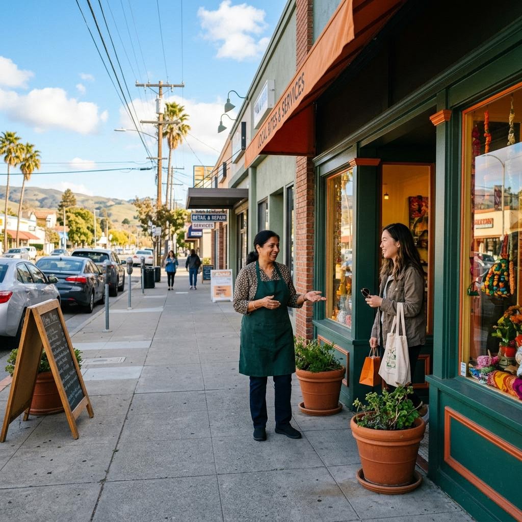 Local retail storefronts and pedestrian activity in the Hillcrest neighborhood of Milpitas