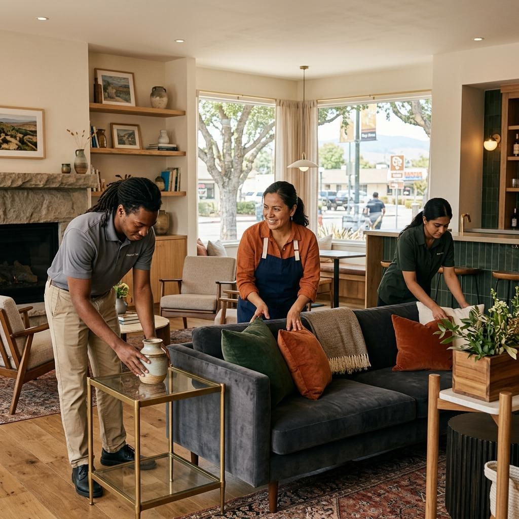 Staff arranging a welcoming lobby area in a modern Milpitas CA hospitality venue
