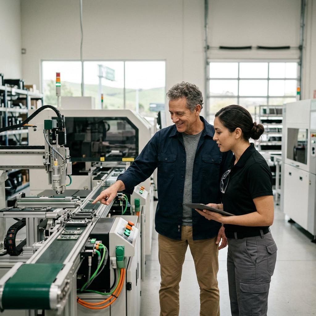 Workers managing a production line in an advanced manufacturing facility in Milpitas CA