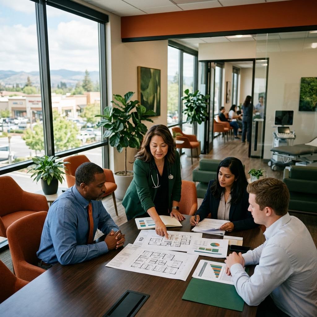 Medical professionals reviewing plans and documents in a modern Milpitas CA healthcare clinic