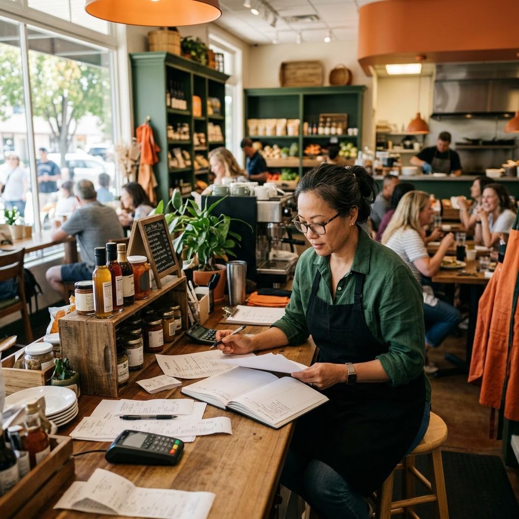 Cafe owner managing daily sales and merchant cash advance considerations in Milpitas CA