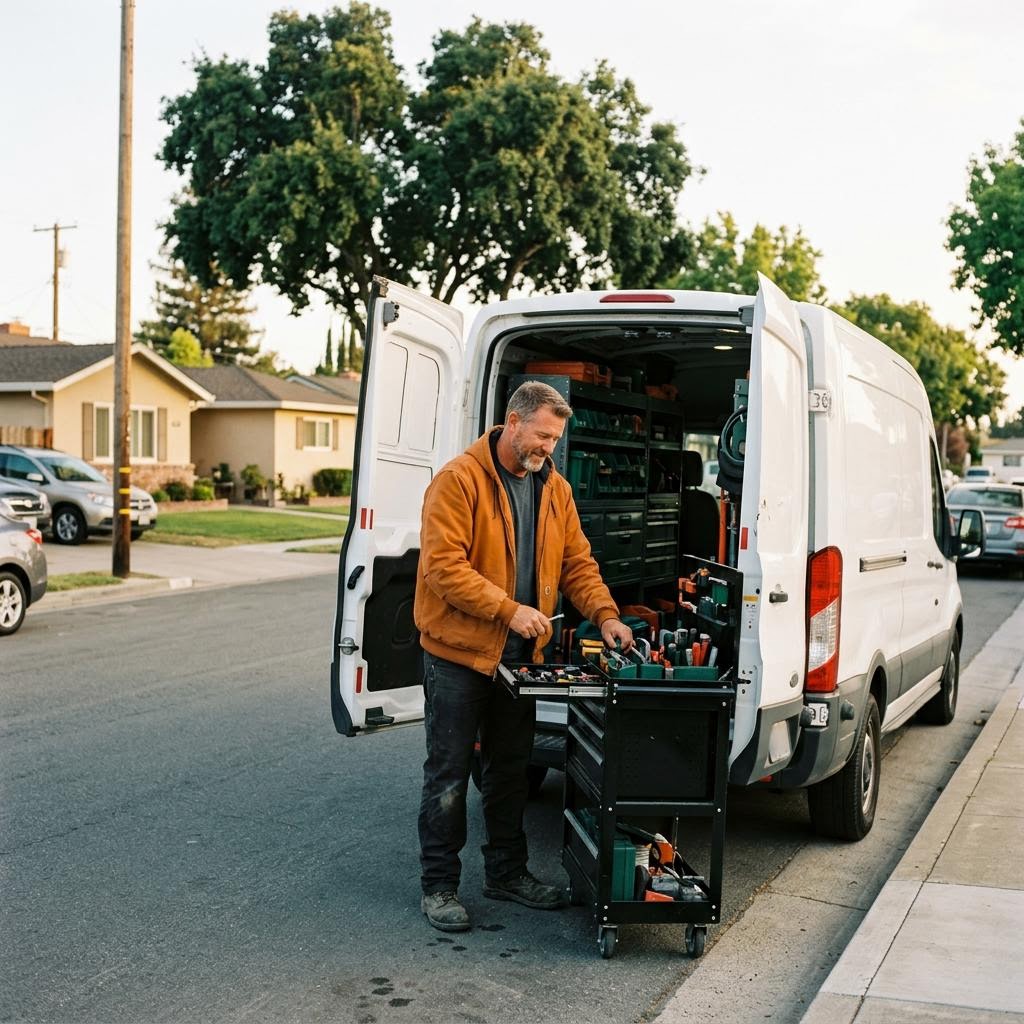 Local service contractor organizing equipment in a van in Pinewood, Milpitas