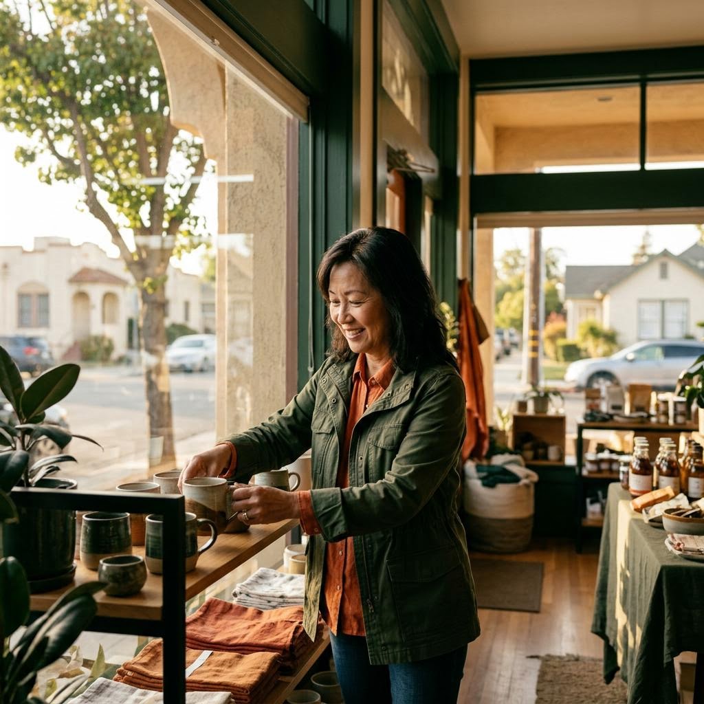 Retail owner organizing products in a bright, well-stocked boutique in Milpitas CA