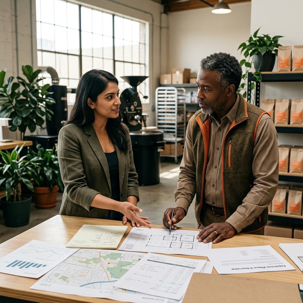 Business owners reviewing blueprints for an SBA loan project in Milpitas CA