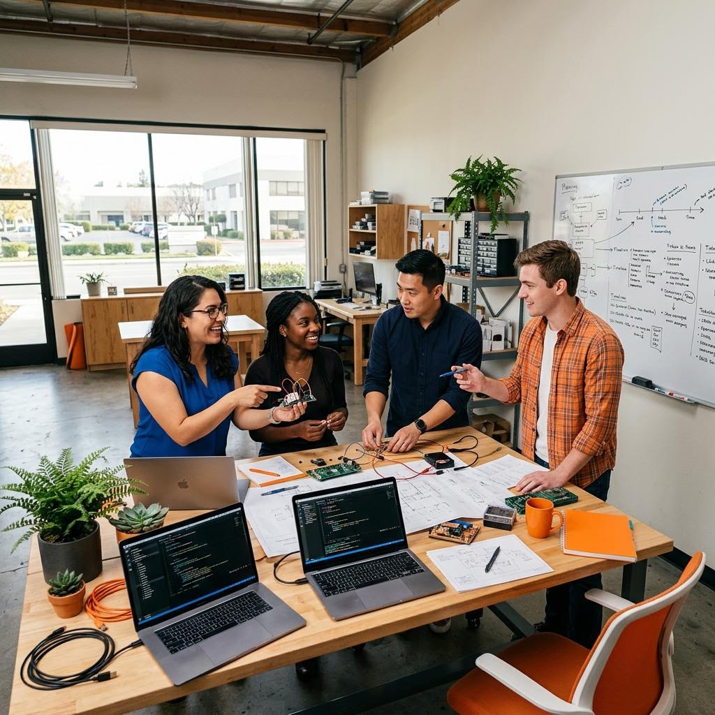 Entrepreneurs planning a new business venture in a Milpitas CA workspace