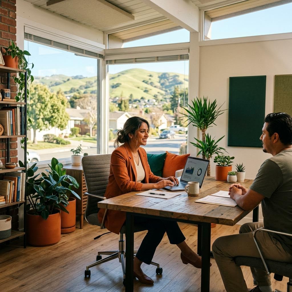 Professionals discussing business funding options in a Sunny Hills, CA office
