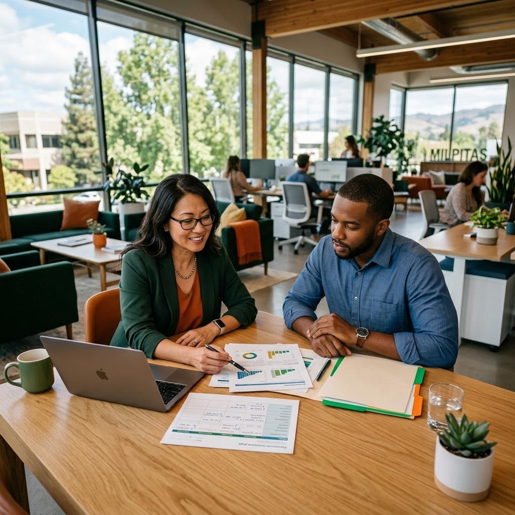Professionals discussing a business term loan in a Milpitas CA office