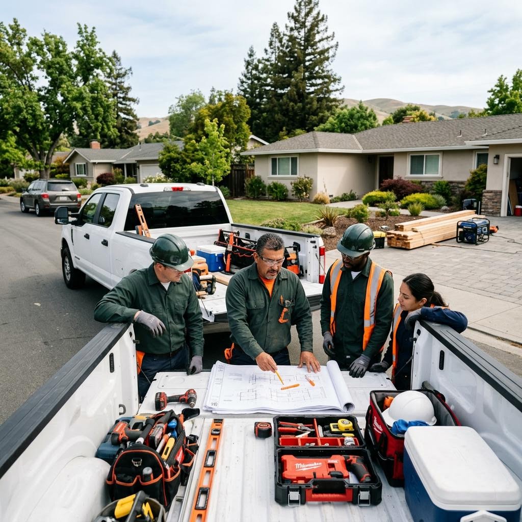 Contractors reviewing plans at a commercial construction site in Milpitas CA