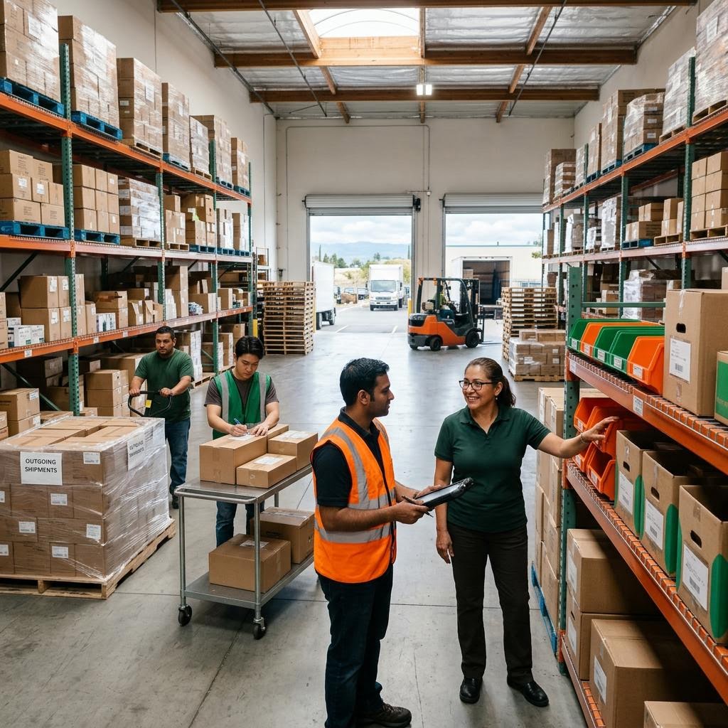 Warehouse team reviewing inventory and shipments in a large Milpitas CA distribution center