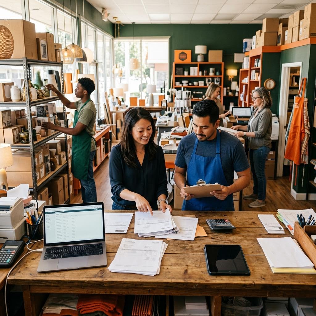 Retail store owner organizing inventory with working capital in Milpitas CA